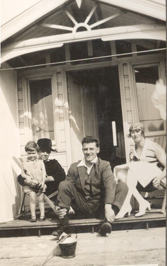 Martha 'Jane' (nee Broughton) Bateson, Hubert Cooper, son David and Amelia (nee Bateson) Cooper at Beach Hut. Taken late 1920's.